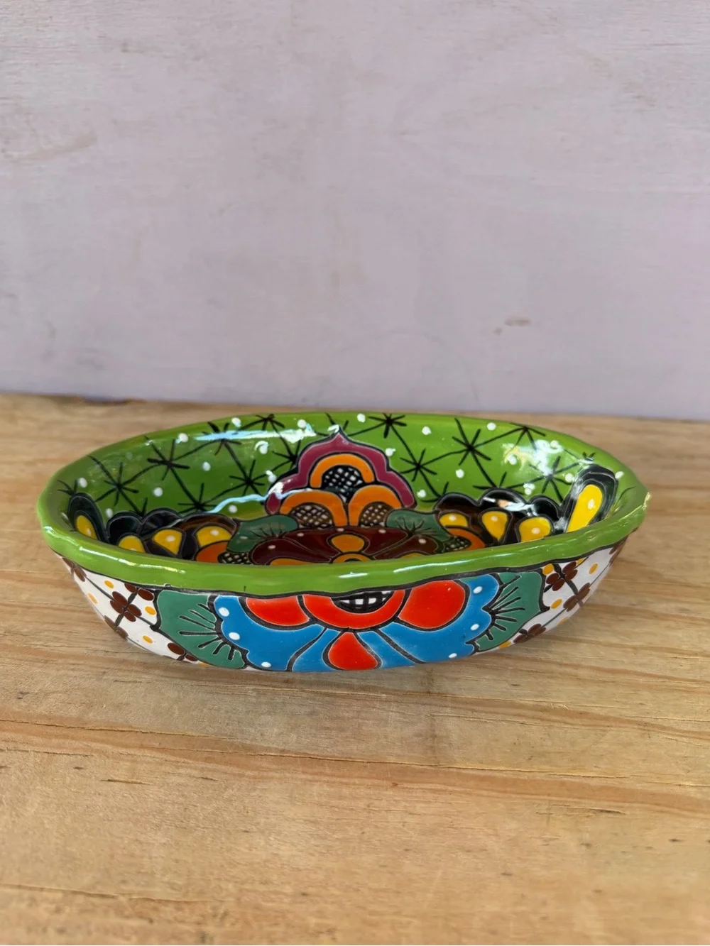 Hand-Painted Ceramic Serving Dish in Bright Green with Orange Floral Motif